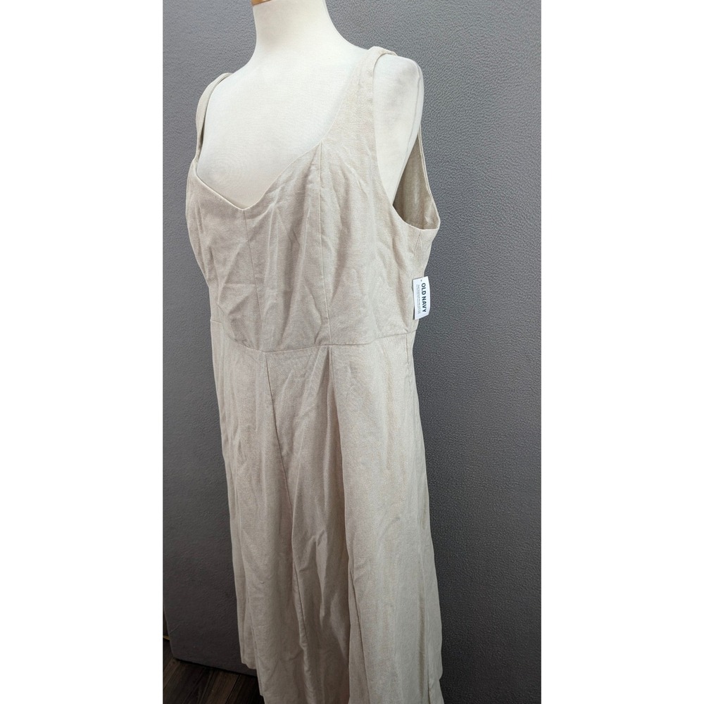 Old Navy Notch Neck Flax Linen Midi Dress Smocked Tan Flare Pleated Sz 2XL NWT - Picture 4 of 12